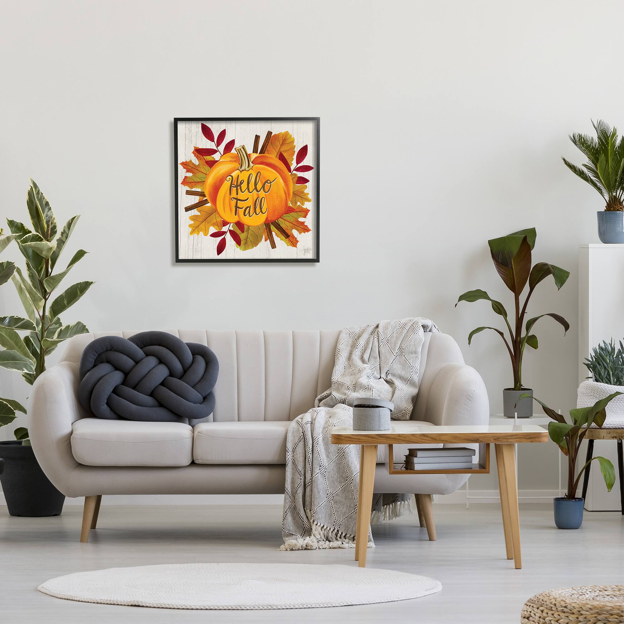 Stupell Industries Hello Fall Sentiment Orange Pumpkin Autumn Tree Leaves Black Framed Wall Art. 24" x 24"